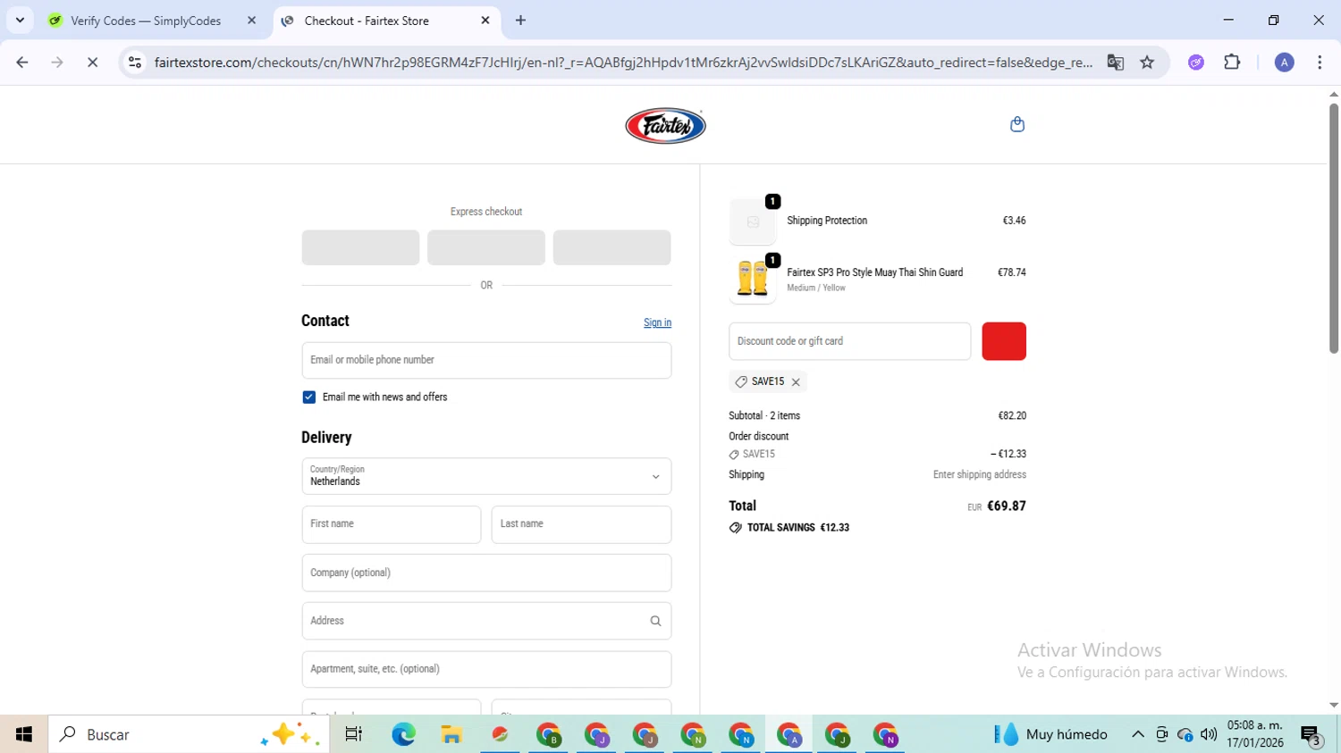 Fairtex Store promo code screenshot showing code SAVE15 applied at Fairtex Store checkout page. Uploaded by SimplyCodes community member TreasureCaptain5531 on Jan 17, 2026