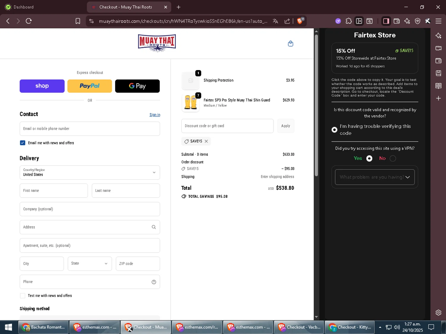 Fairtex Store promo code screenshot showing code SAVE15 applied at Fairtex Store checkout page. Uploaded by SimplyCodes community member TreasureTitan9744 on Oct 24, 2025