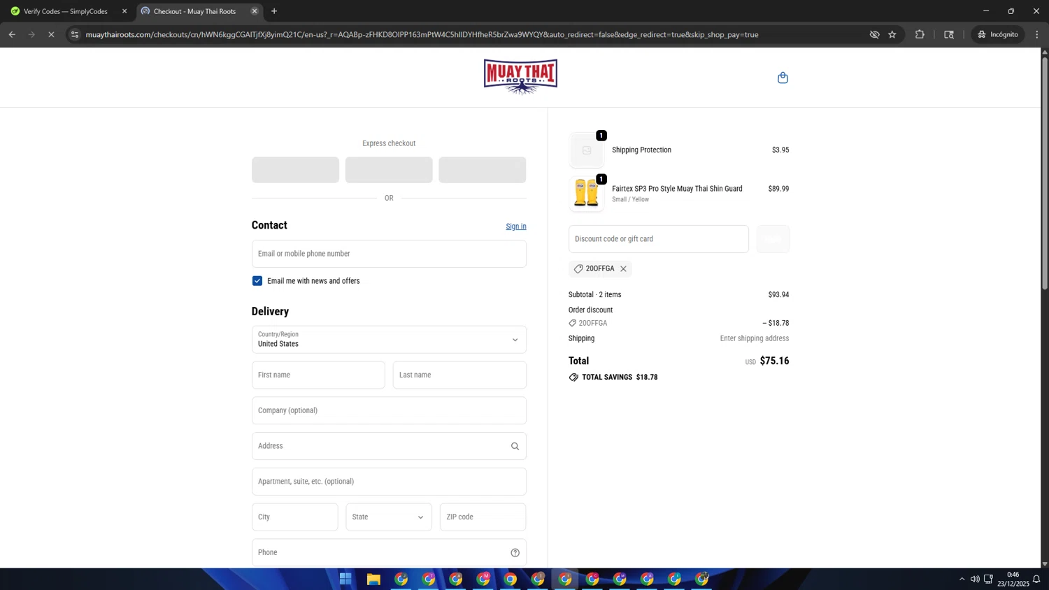 Fairtex Store promo code screenshot showing code 20OffGA applied at Fairtex Store checkout page. Uploaded by SimplyCodes community member Kaizen on Dec 23, 2025