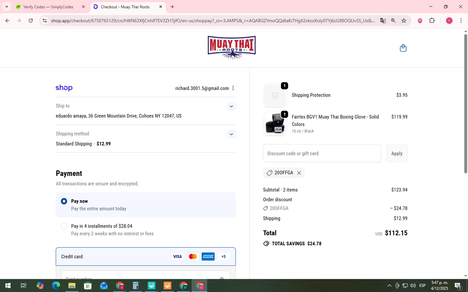 Fairtex Store promo code screenshot showing code 20OffGA applied at Fairtex Store checkout page. Uploaded by SimplyCodes community member LegendaryWhiz3517 on Dec 4, 2025