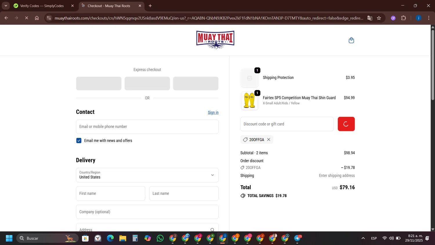 Fairtex Store promo code screenshot showing code 20OffGA applied at Fairtex Store checkout page. Uploaded by SimplyCodes community member yameteqdasai on Nov 29, 2025