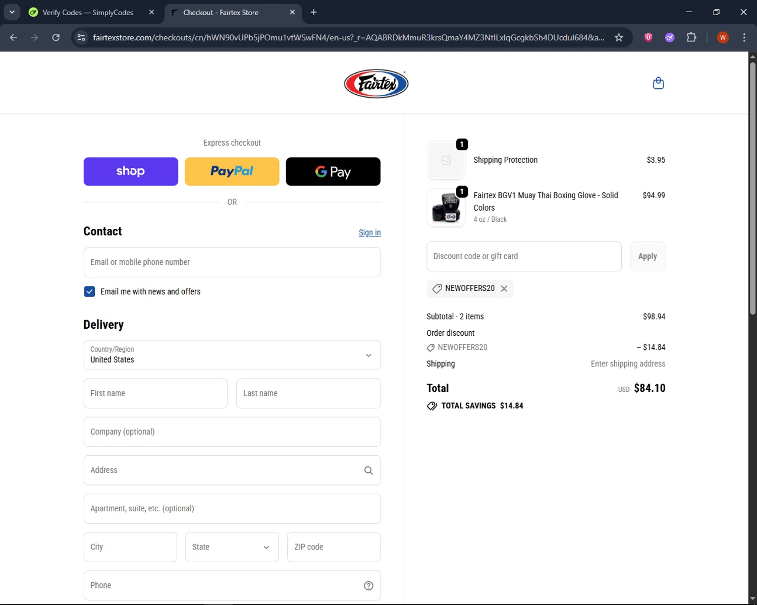 Fairtex Store checkout page showing Fairtex Store promo code box | Screenshot taken by SimplyCodes community member on Feb 20, 2026