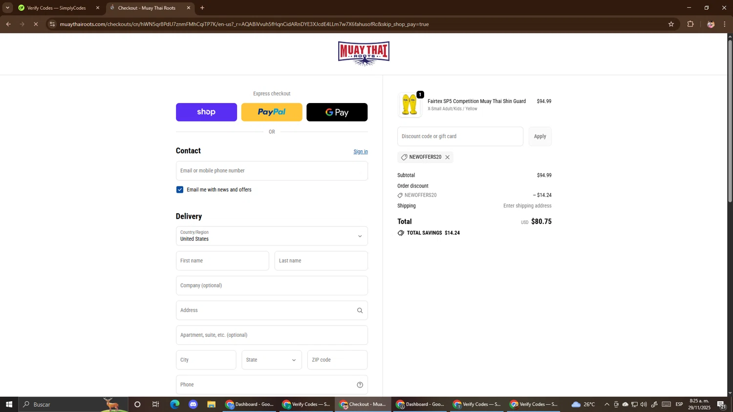 Fairtex Store promo code screenshot showing code newoffers20 applied at Fairtex Store checkout page. Uploaded by SimplyCodes community member El_mynor on Nov 29, 2025