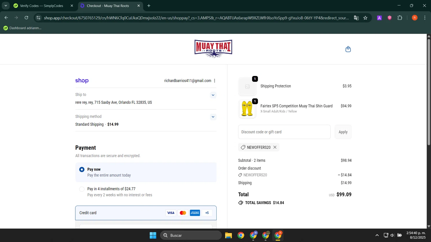 Fairtex Store promo code screenshot showing code newoffers20 applied at Fairtex Store checkout page. Uploaded by SimplyCodes community member LuckyShopper9694 on Dec 8, 2025