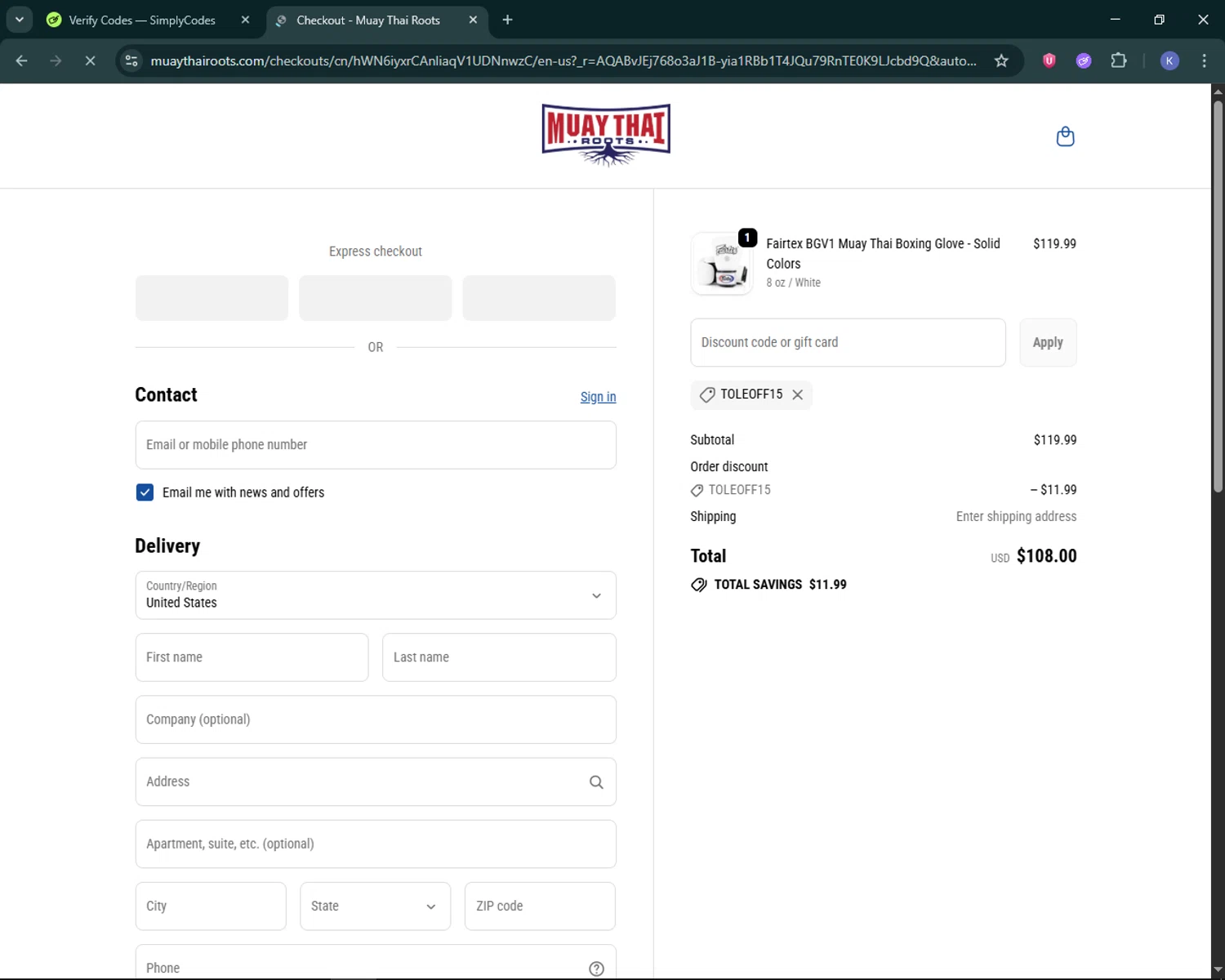 Fairtex Store promo code screenshot showing code Toleoff15 applied at Fairtex Store checkout page. Uploaded by SimplyCodes community member KevLapage on Dec 22, 2025