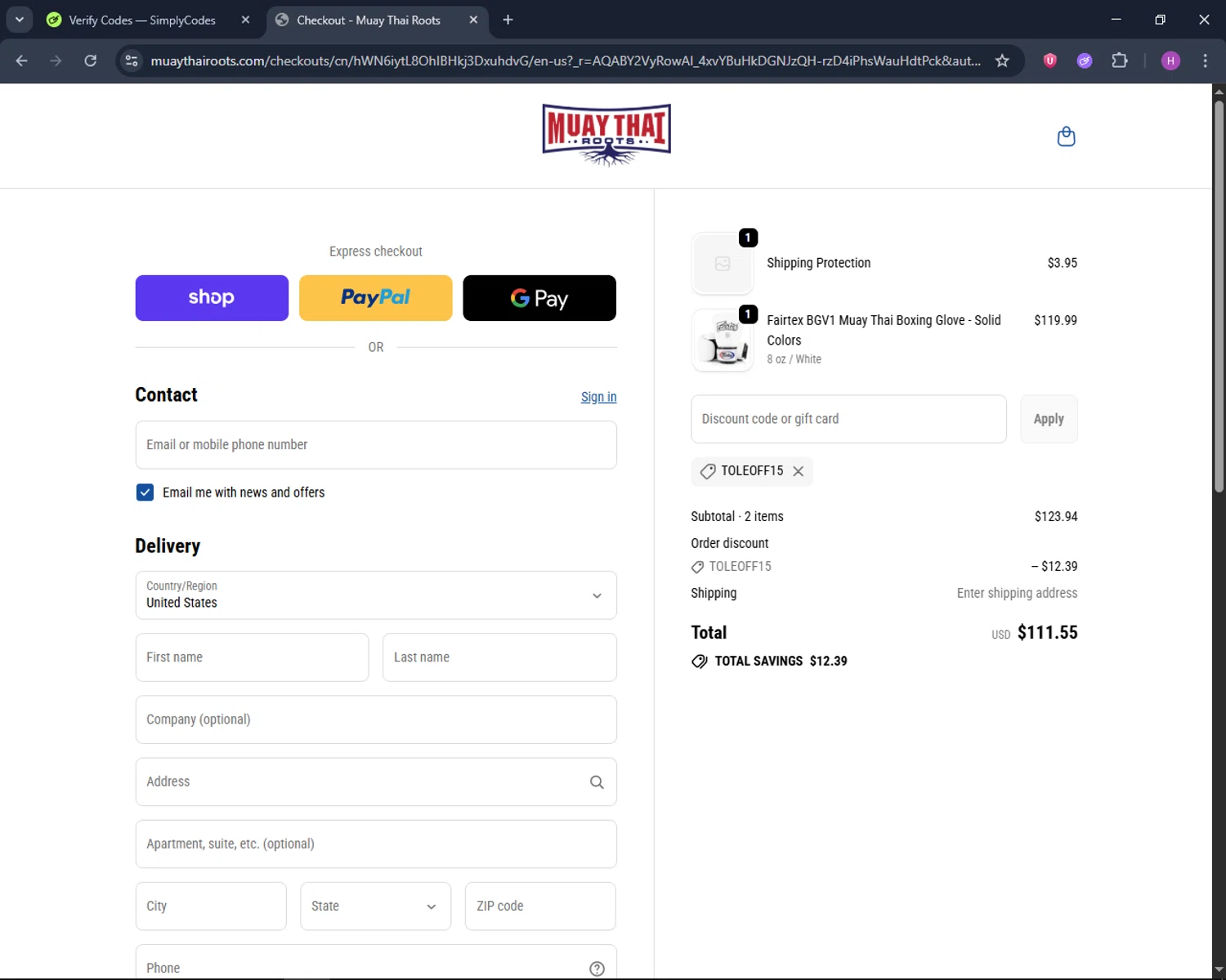 Fairtex Store promo code screenshot showing code Toleoff15 applied at Fairtex Store checkout page. Uploaded by SimplyCodes community member TokenNavigator6891 on Dec 22, 2025