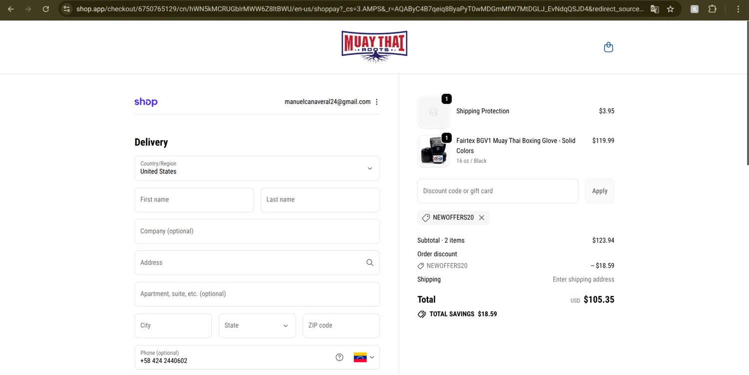 Fairtex Store promo code screenshot showing code newoffers20 applied at Fairtex Store checkout page. Uploaded by SimplyCodes community member Mongomery on Nov 26, 2025