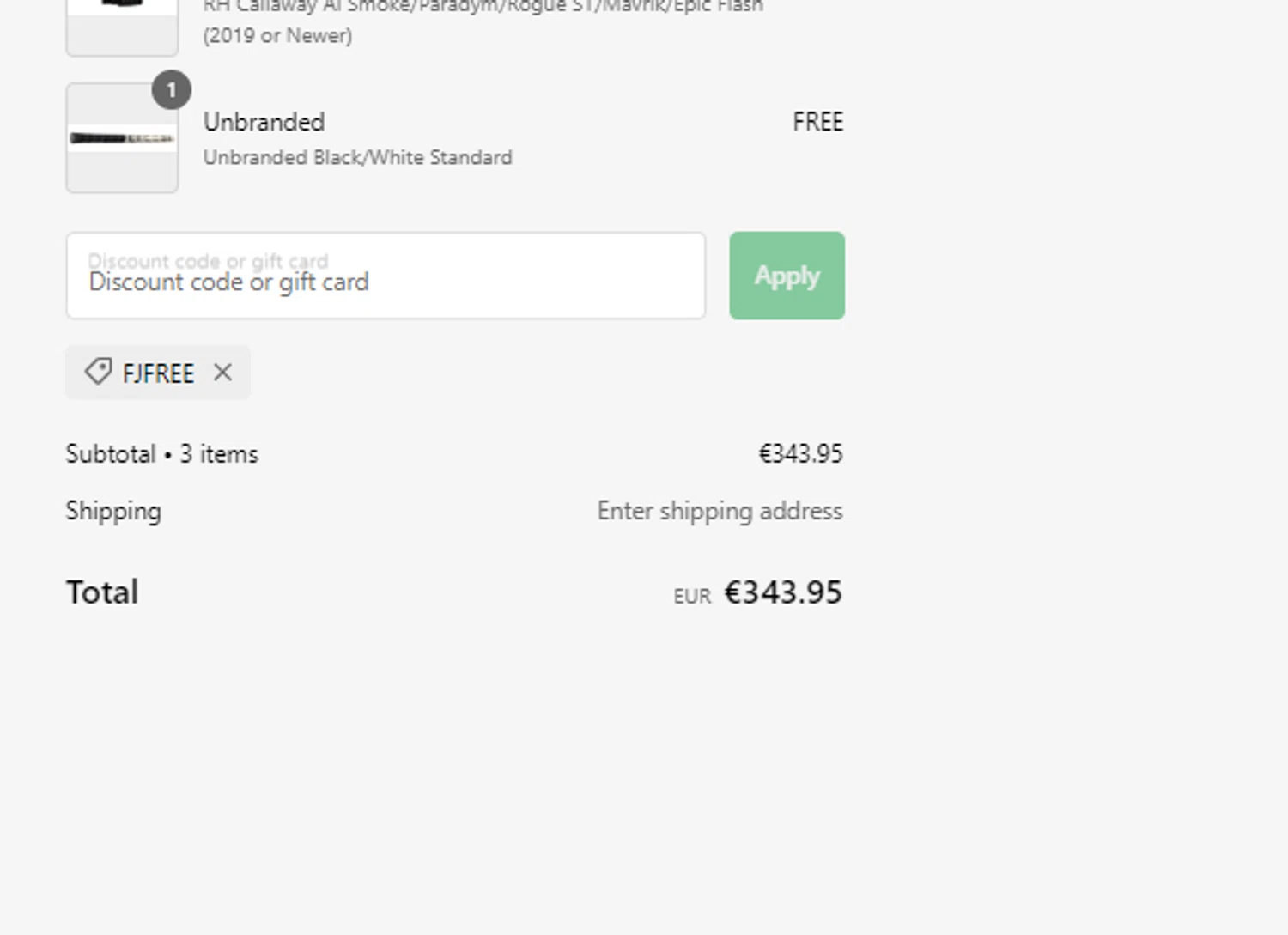 Fairway Jockey discount code screenshot showing code FJFREE applied at Fairway Jockey checkout page. Uploaded by SimplyCodes community member usercode123 on Jan 6, 2025
