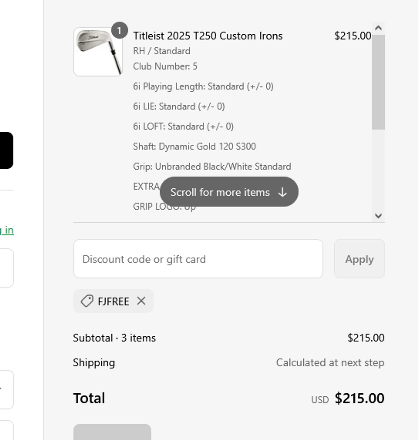 Fairway Jockey discount code screenshot showing code FJFREE applied at Fairway Jockey checkout page. Uploaded by SimplyCodes community member CRYSTALSUICINE on Jul 12, 2025