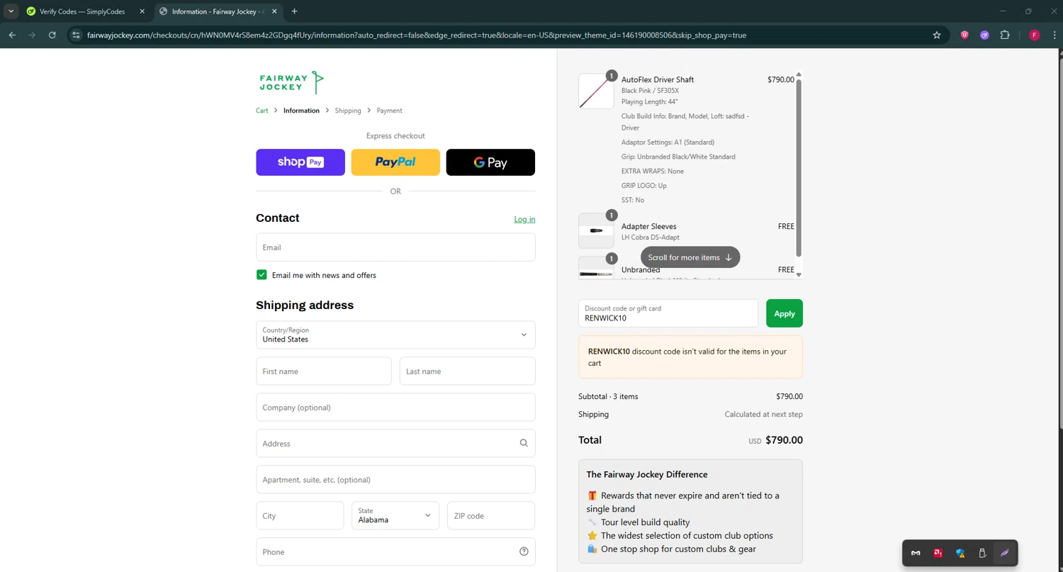Fairway Jockey discount code screenshot showing code RENWICK10 applied at Fairway Jockey checkout page. Uploaded by SimplyCodes community member ExtraordinaryVirtuoso281 on Jul 7, 2025