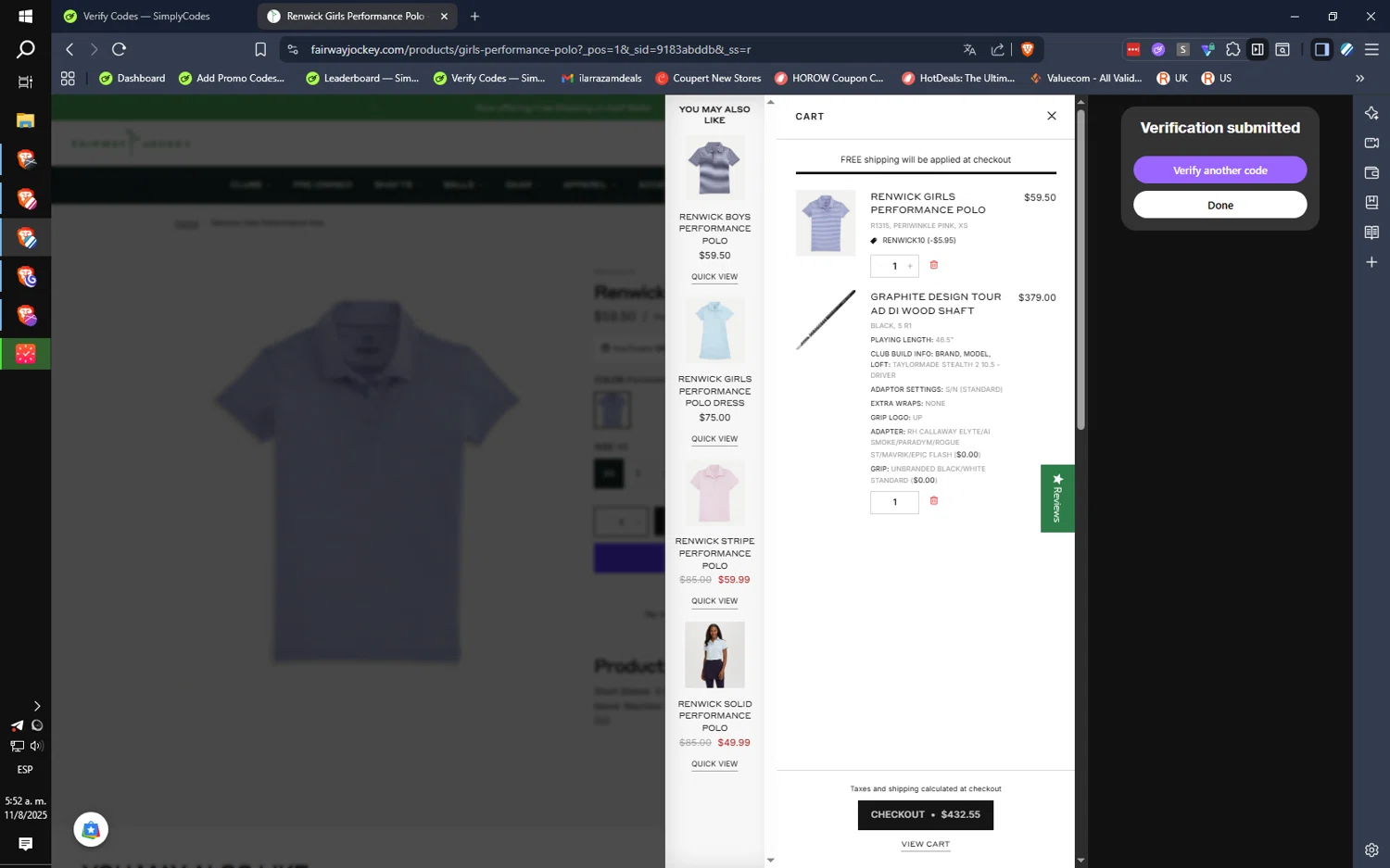 Fairway Jockey discount code screenshot showing code RENWICK10 applied at Fairway Jockey checkout page. Uploaded by SimplyCodes community member SwiftLogic2048 on Aug 11, 2025