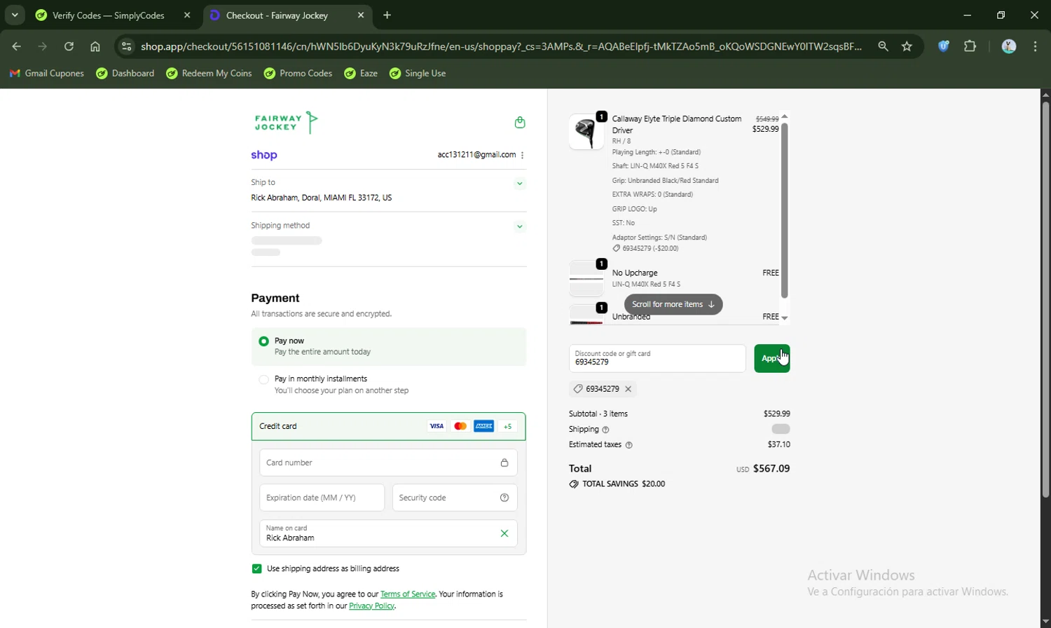 Fairway Jockey discount code screenshot showing code 69345279 applied at Fairway Jockey checkout page. Uploaded by SimplyCodes community member LHaunter2 on Nov 27, 2025