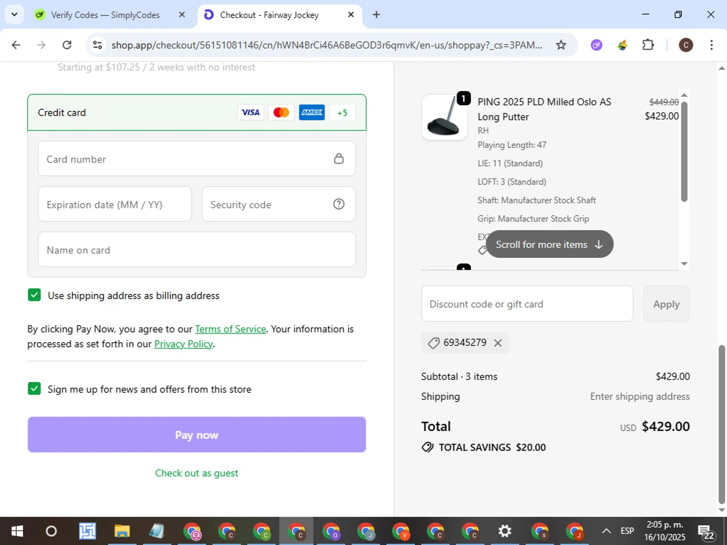 Fairway Jockey discount code screenshot showing code 69345279 applied at Fairway Jockey checkout page. Uploaded by SimplyCodes community member VictorL on Oct 16, 2025
