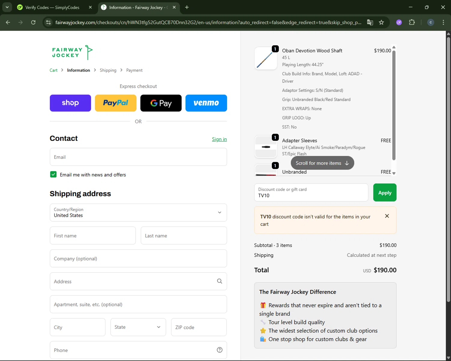 Fairway Jockey discount code screenshot showing code TV10 applied at Fairway Jockey checkout page. Uploaded by SimplyCodes community member CouponAce2971 on Oct 9, 2025