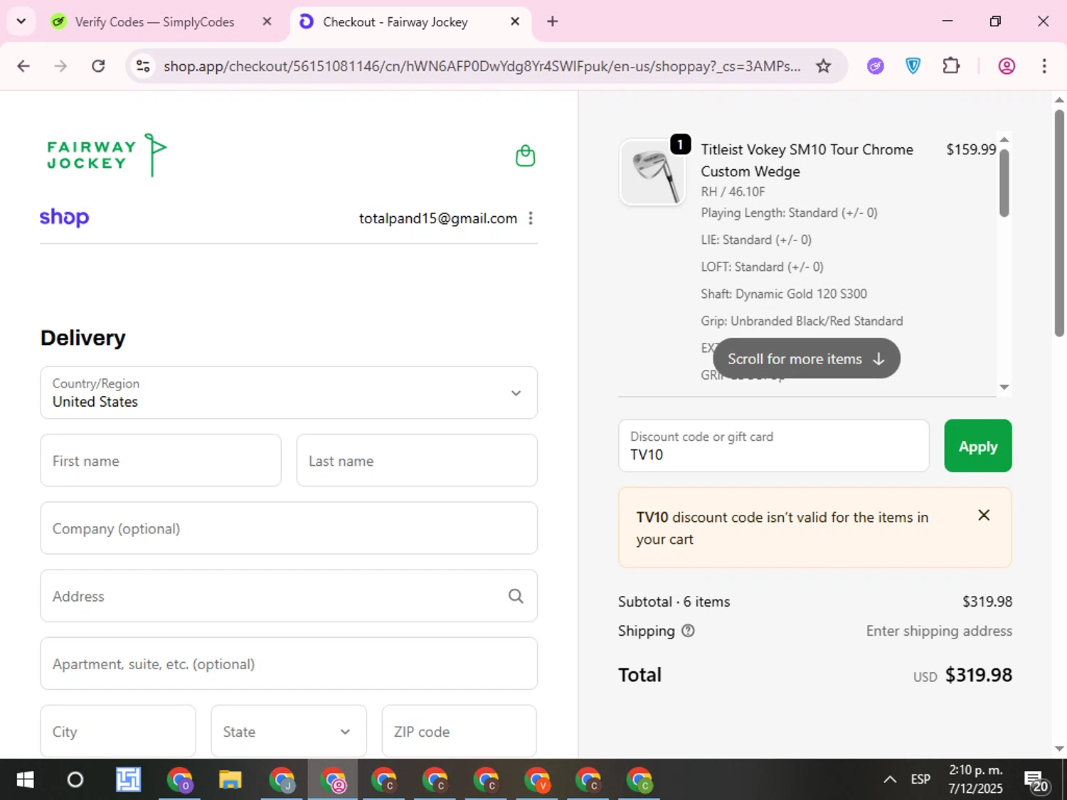 Fairway Jockey discount code screenshot showing code TV10 applied at Fairway Jockey checkout page. Uploaded by SimplyCodes community member QuestCurator1644 on Dec 7, 2025