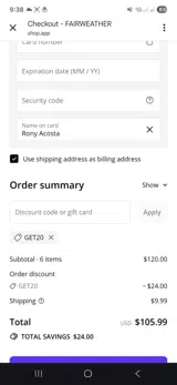 GET20 coupon verification screenshot