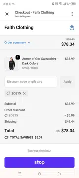 ZOE15 coupon verification screenshot