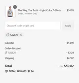 save20 coupon verification screenshot