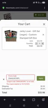 FakeMeats.com coupon verification screenshot