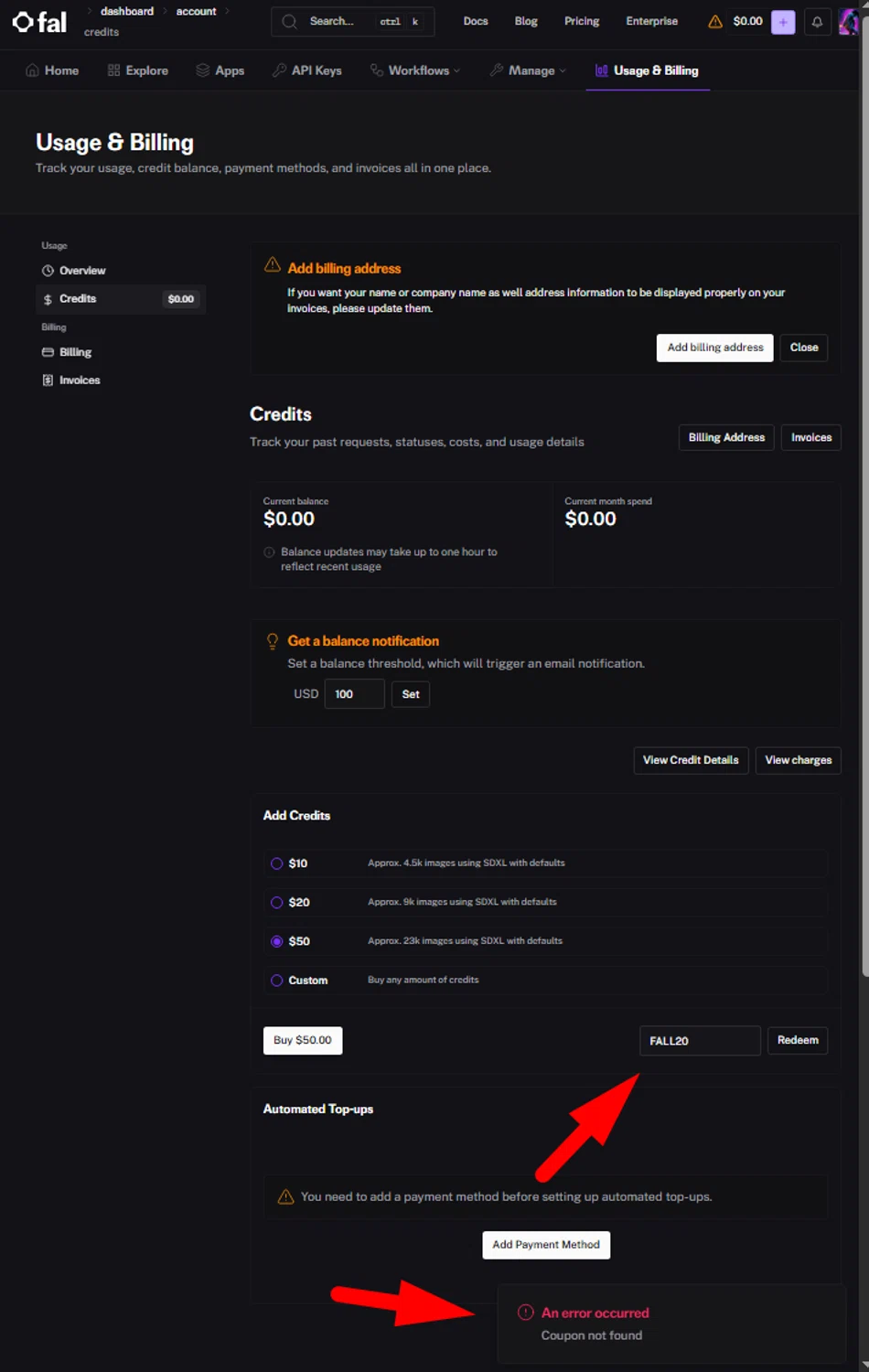 fal.ai promo code screenshot showing code FALL20 applied at fal.ai checkout page. Uploaded by SimplyCodes community member CarmenAyuth on Aug 16, 2025