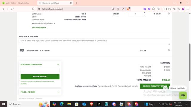 Falco Holsters checkout page showing Falco Holsters discount code box | Screenshot taken by SimplyCodes community member on Jul 21, 2025