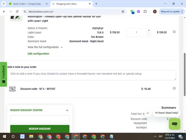 Falco Holsters checkout page showing Falco Holsters discount code box | Screenshot taken by SimplyCodes community member on Jul 21, 2025
