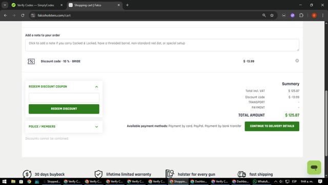 Falco Holsters checkout page showing Falco Holsters discount code box | Screenshot taken by SimplyCodes community member on Aug 18, 2025