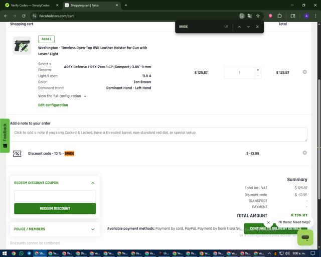 Falco Holsters checkout page showing Falco Holsters discount code box | Screenshot taken by SimplyCodes community member on Sep 9, 2025