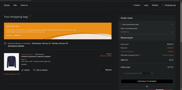 Falconeri checkout page showing Falconeri promo code box | Screenshot taken by SimplyCodes community member on Feb 16, 2025