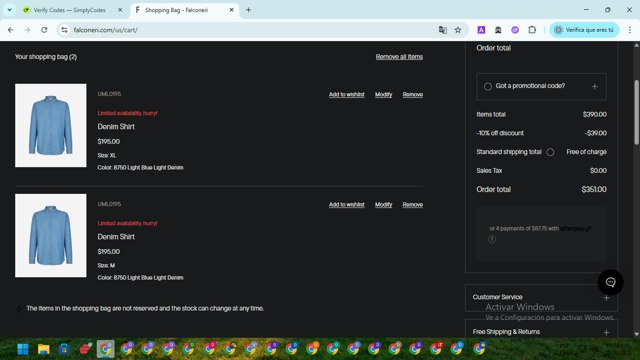 Falconeri checkout page showing Falconeri promo code box | Screenshot taken by SimplyCodes community member on May 10, 2025