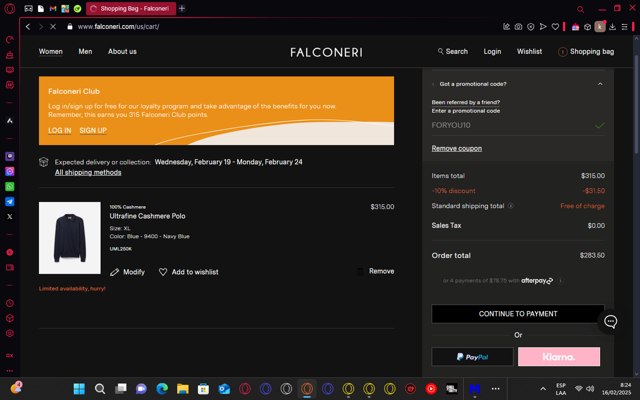 Falconeri checkout page showing Falconeri promo code box | Screenshot taken by SimplyCodes community member on Feb 16, 2025