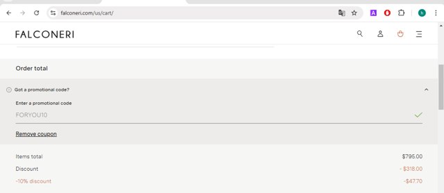 Falconeri checkout page showing Falconeri promo code box | Screenshot taken by SimplyCodes community member on Jan 9, 2025