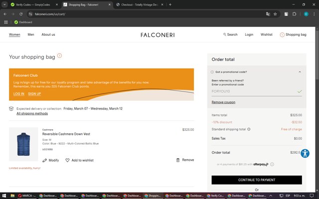 Falconeri checkout page showing Falconeri promo code box | Screenshot taken by SimplyCodes community member on Mar 4, 2025
