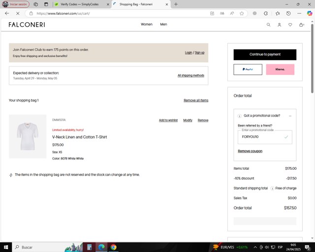 Falconeri checkout page showing Falconeri promo code box | Screenshot taken by SimplyCodes community member on Apr 24, 2025