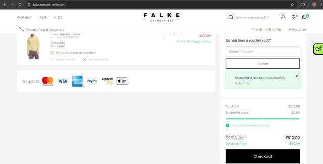 Falke checkout page showing Falke promo code box | Screenshot taken by SimplyCodes community member on Apr 4, 2025