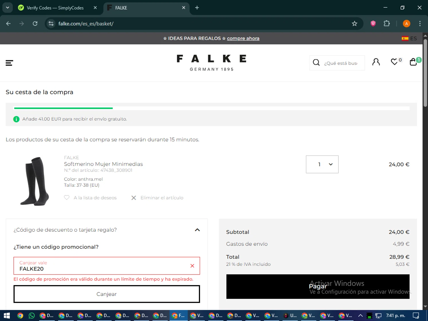 Falke promo code screenshot showing code FALKE20 applied at Falke checkout page. Uploaded by SimplyCodes community member MoneyPhoenix4664 on Dec 1, 2025