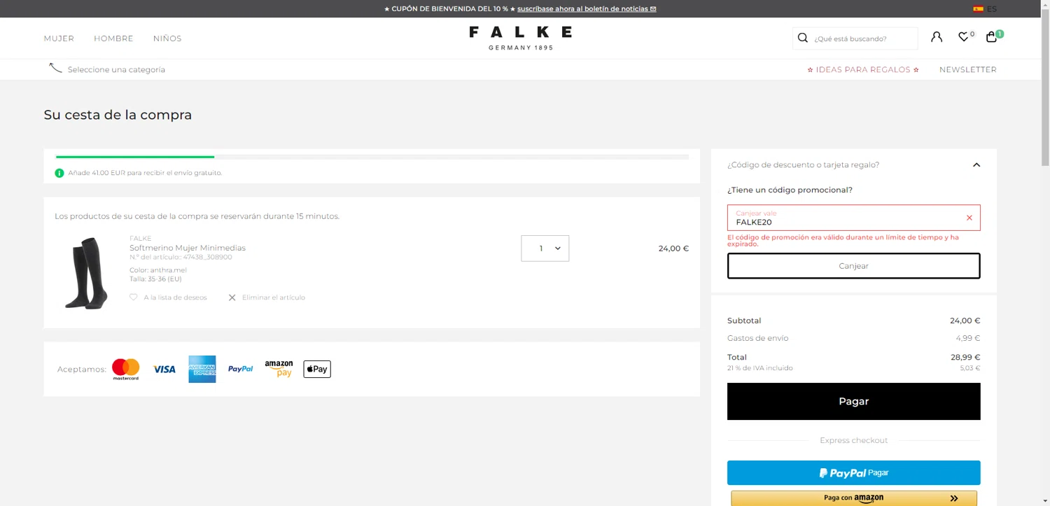 Falke promo code screenshot showing code FALKE20 applied at Falke checkout page. Uploaded by SimplyCodes community member SwiftCurator4059 on Dec 2, 2025