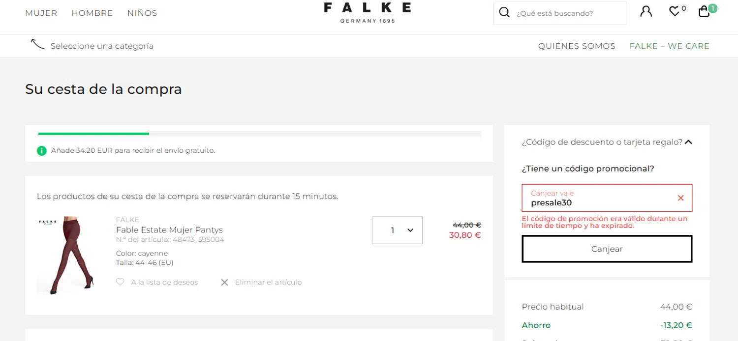 Falke promo code screenshot showing code presale30 applied at Falke checkout page. Uploaded by SimplyCodes community member BrilliantFalcon6936 on Jan 6, 2026