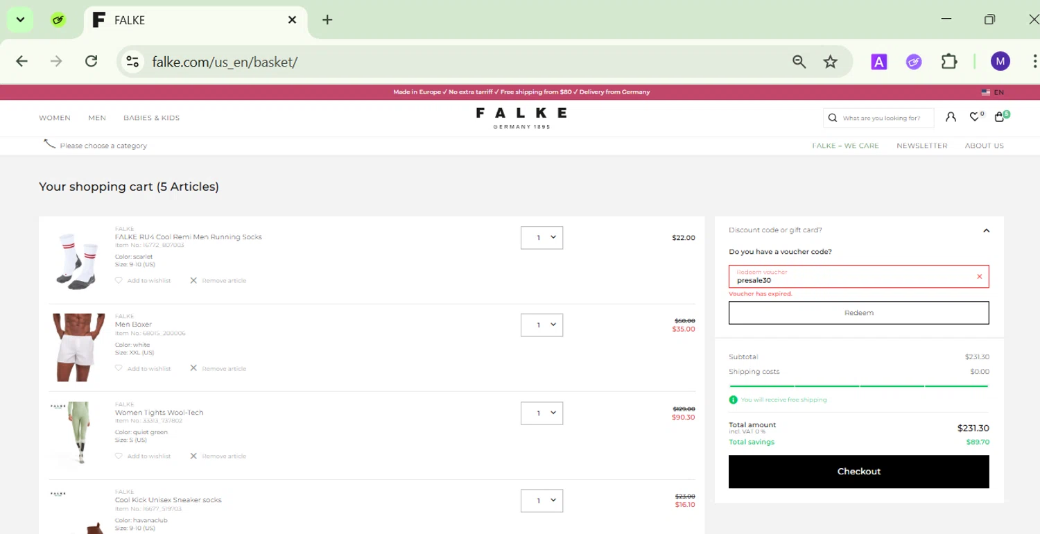 Falke promo code screenshot showing code presale30 applied at Falke checkout page. Uploaded by SimplyCodes community member CodeVirtuoso1353 on Jul 3, 2025