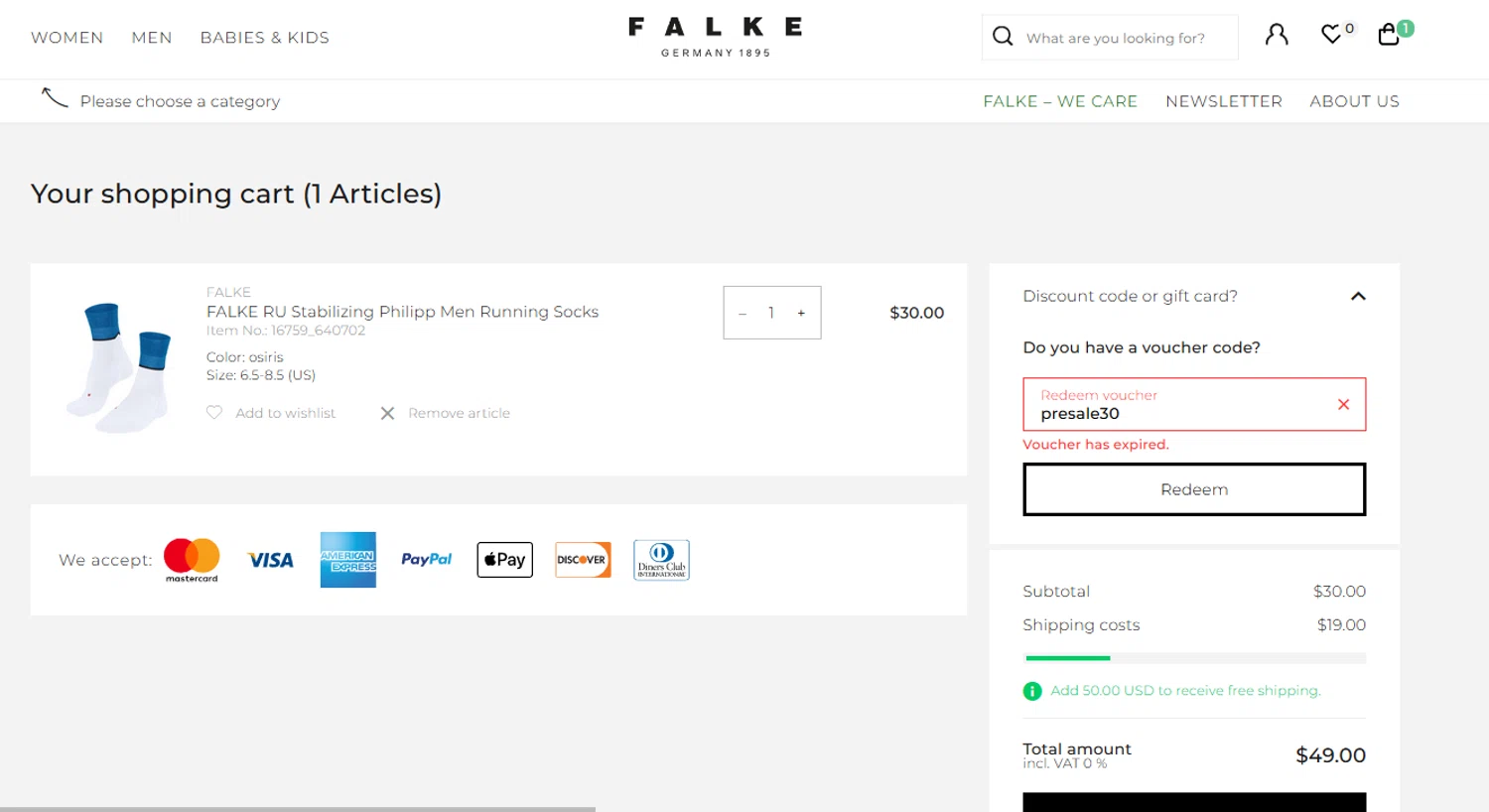 Falke promo code screenshot showing code presale30 applied at Falke checkout page. Uploaded by SimplyCodes community member THEBANANA on Jul 3, 2025
