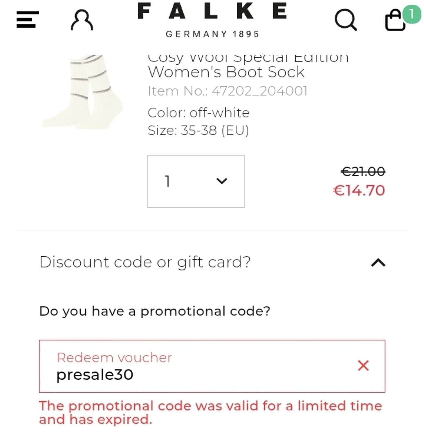 Falke promo code screenshot showing code presale30 applied at Falke checkout page. Uploaded by SimplyCodes community member ValiantCurator3344 on Jan 6, 2026