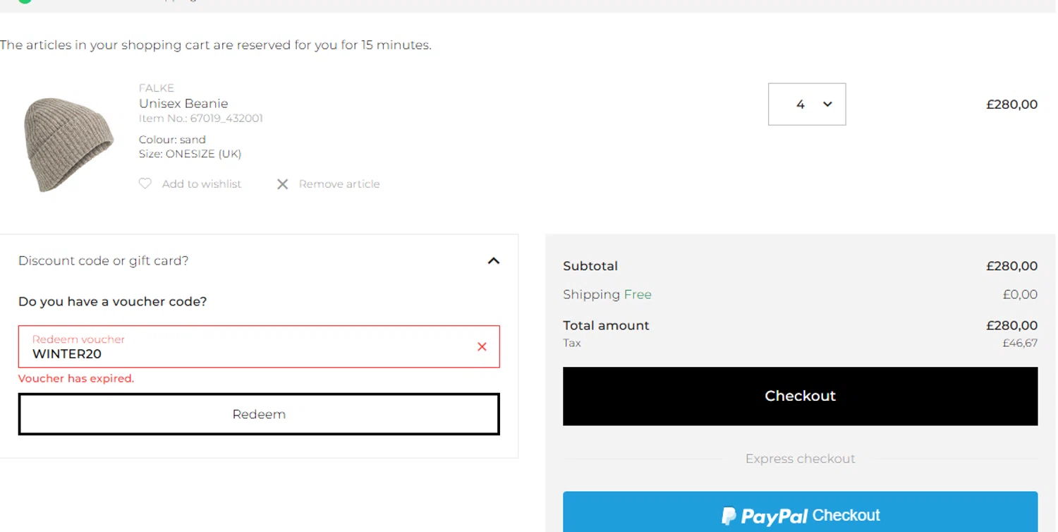 Falke promo code screenshot showing code WINTER20 applied at Falke checkout page. Uploaded by SimplyCodes community member MARIO12 on Dec 15, 2025