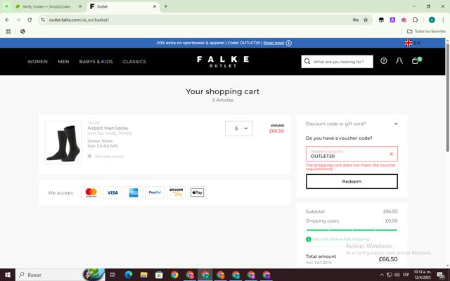 Falke checkout page showing Falke promo code box | Screenshot taken by SimplyCodes community member on Apr 12, 2025