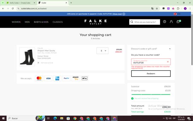 Falke checkout page showing Falke promo code box | Screenshot taken by SimplyCodes community member on Apr 12, 2025