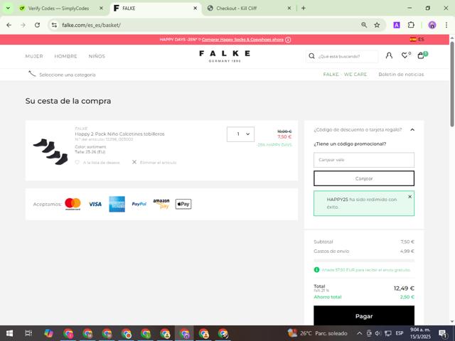Falke checkout page showing Falke promo code box | Screenshot taken by SimplyCodes community member on Mar 15, 2025