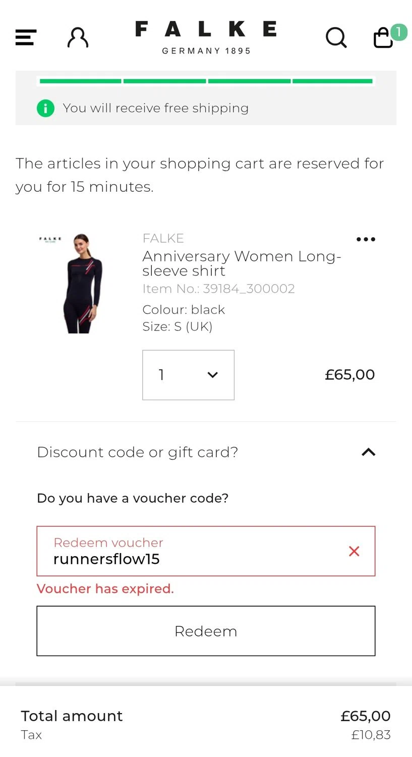 Falke promo code screenshot showing code runnersflow15 applied at Falke checkout page. Uploaded by SimplyCodes community member JuanMonge on Dec 5, 2025