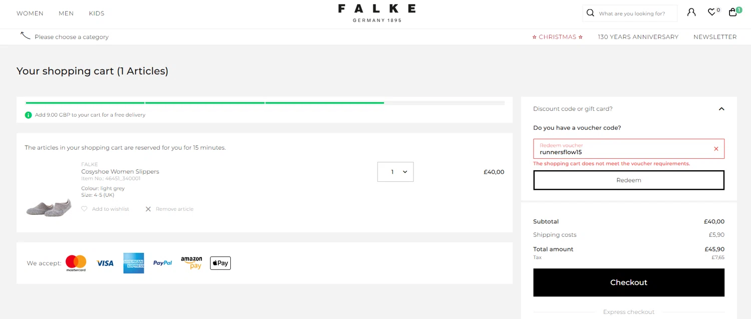 Falke promo code screenshot showing code runnersflow15 applied at Falke checkout page. Uploaded by SimplyCodes community member Dorothy on Nov 30, 2025
