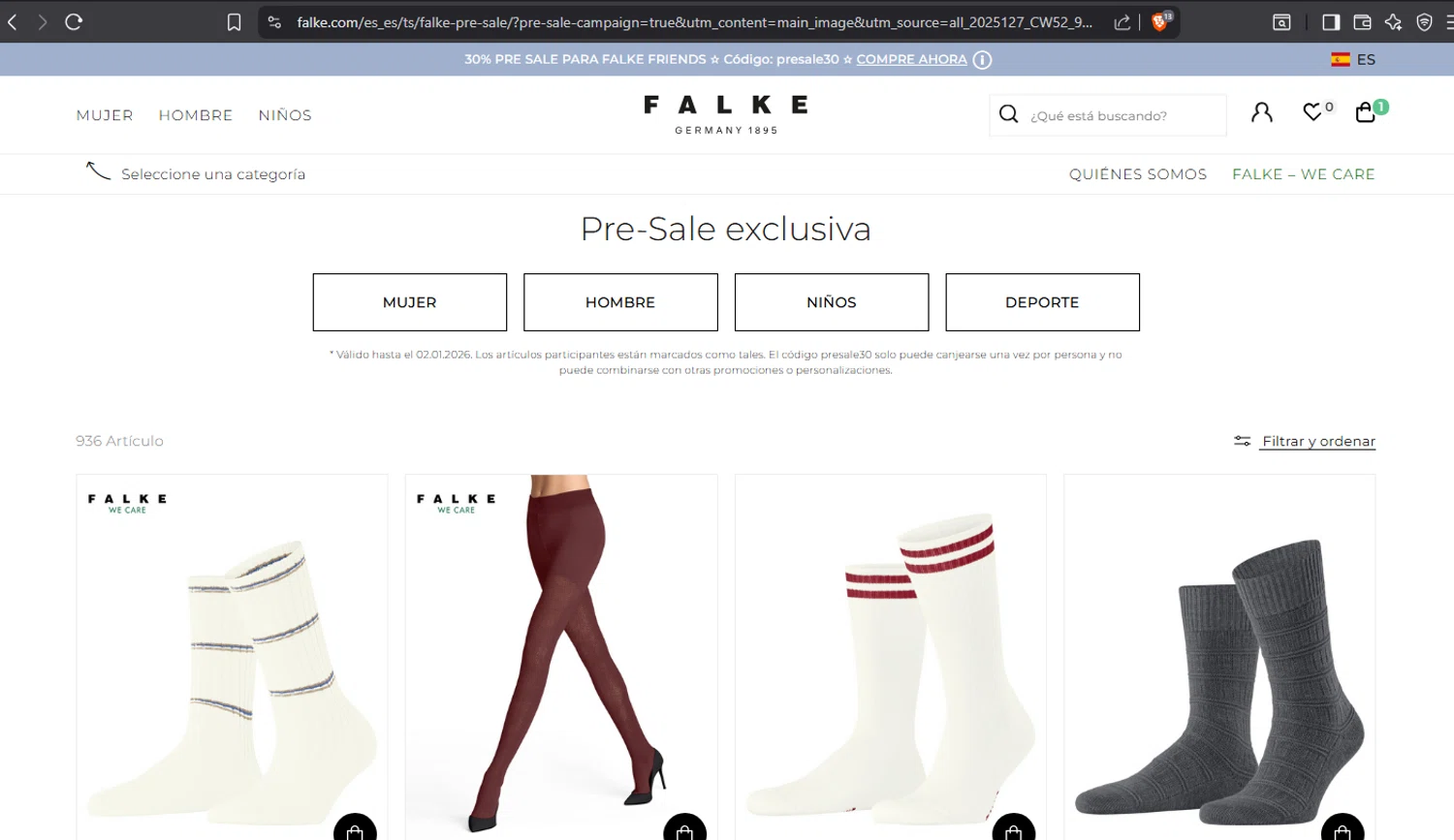 Falke promo code screenshot showing code PRESALE30 applied at Falke checkout page. Uploaded by SimplyCodes community member crischidy25 on Dec 27, 2025