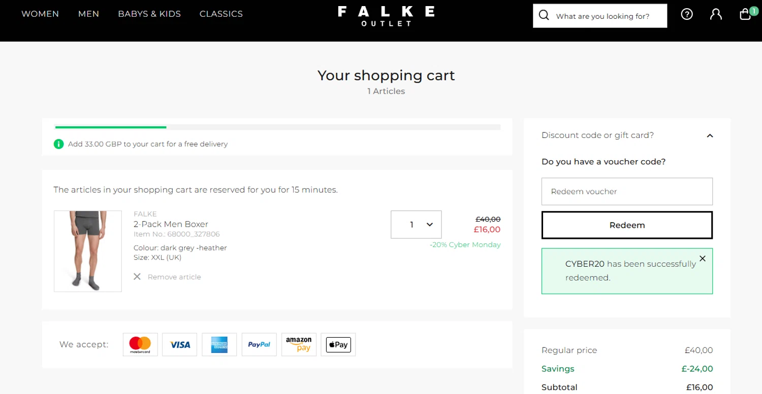 Falke promo code screenshot showing code CYBER20 applied at Falke checkout page. Uploaded by SimplyCodes community member jesspea on Dec 1, 2025
