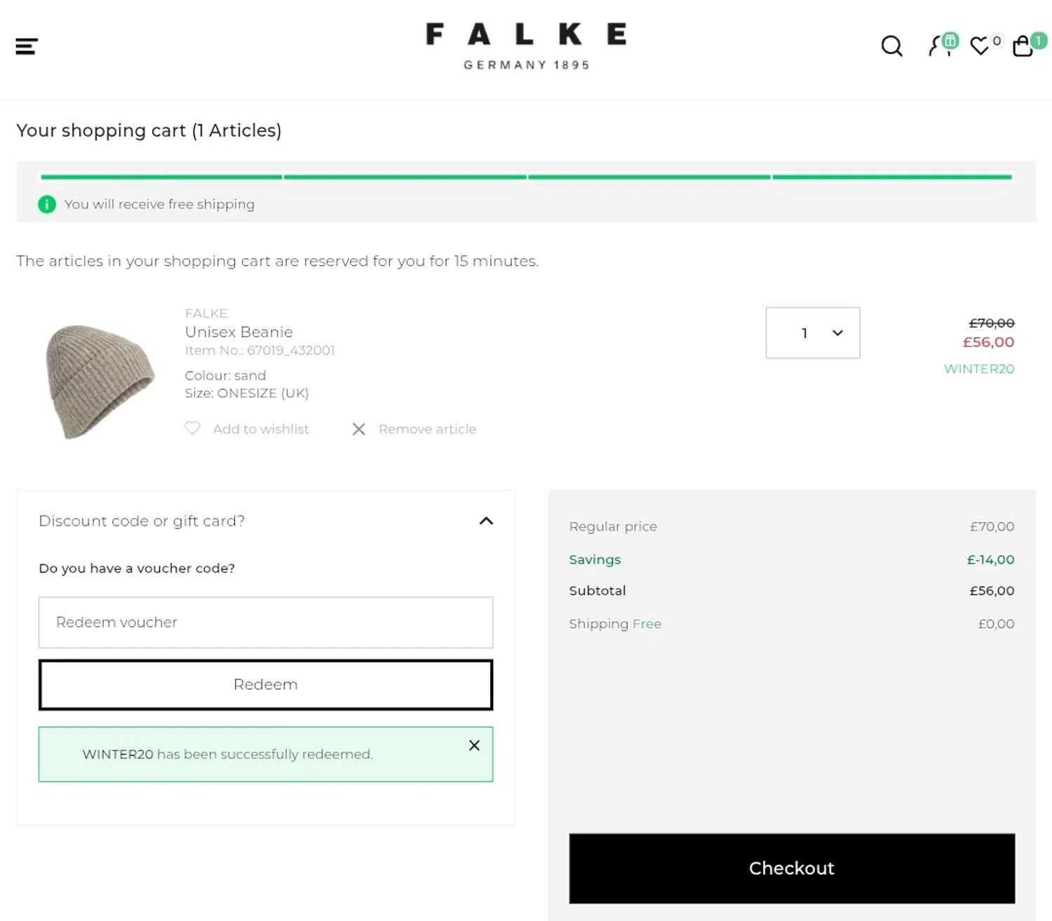 Falke promo code screenshot showing code WINTER20 applied at Falke checkout page. Uploaded by SimplyCodes community member jesspea on Dec 5, 2025